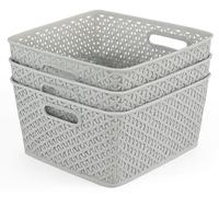 Muddy Hands Curver Set of 3 Grey Rattan Style Plastic Storage Baskets - Durable Nesting Organisers with Handles for Home, Office & Bedroom