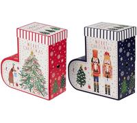 Muddy Hands Decorative Stocking Shaped Boxes with Lids - Merry Xmas Holiday Storage Boxes for Presents, Candy, and Décor - Festive Red & Blue Nutcracker and Tree Designs (Set of 2)