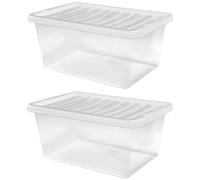 Muddy Hands Pack of 2-45 Litre Large Clear Plastic Storage Boxes with Lids Home Office Stackable Containers - Length: 58.5cm - Width: 39cm - Height: 25cm
