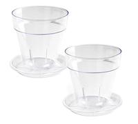 Muddy Hands Pack of 2 Clear Plastic Plant Pots + Saucers - Round Nursery Orchid Herb Flower Planters Base Water Drip Trays - 16.5cm x 16cm
