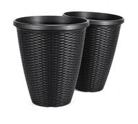 Muddy Hands Pack of 2 Large 30 Litre Rattan Effect Plant Pots - Tall Round Outdoor Garden Plastic Planters with Drainage Holes - Heavy Duty Decorative Flower Tree Containers Black