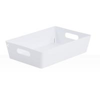 Muddy Hands Pack of 2 Plastic Storage Baskets with Handles - Small Shallow, White Rectangular Storage Boxes - Heavy Duty Organiser for Kitchen, Bathroom, Bedroom & Office