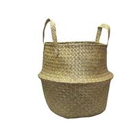 Muddy Hands Seagrass Belly Basket with Handles Natural Woven Foldable Laundry Storage Bag Planter Plant Pot Cover Holder (Medium - 23x32cm)