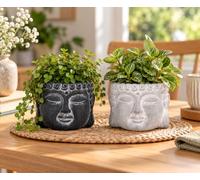 Muddy Hands Set of 2 Black & Grey Buddha Head Cement Planters - Indoor Home Table Shelf Outdoor Garden Decorative Small Zen House Plant Flower Succulent Cactus Herb Pot Cover Holder