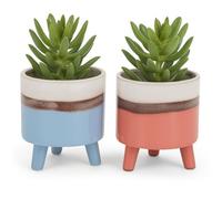 Muddy Hands Set of 2 Colourful Blue & Pink Ceramic Planters with Legs Indoor Home Decorative House Plant Pot Cover Holder