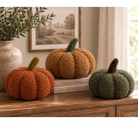 Muddy Hands Set of 3 Bouclé Pumpkins, 20cm × 20cm × 15cm Each, Soft Fabric Autumn Decorations in Rust Orange, Ochre Sage Green, Decorative Pumpkins for Mantel, Table Halloween Home Décor