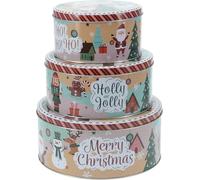 Muddy Hands Set of 3 Festive Christmas Round Metal Treat Tins, Holiday Cookie Storage Boxes with Lids - Merry Christmas, Holly Jolly, Ho Ho Ho Designs - Perfect for Gifts, Cookies & Candy