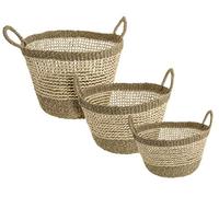Muddy Hands Set of 3 - Natural Seagrass Storage Baskets with Handles Stackable Bedroom Bathroom Living Room Round Hampers
