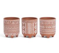 Muddy Hands Set of 3 Terracotta Aztec Planters - Decorative Ceramic Plant Pots with White Geometric Pattern, Raised Feet - Indoor Boho Style Planters for Home & Office Decor