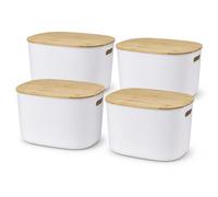 Muddy Hands Set of 4 White Storage Boxes with Bamboo Lids and Carry Handles, 6 Litre Multipurpose Home Organiser Baskets, 26cm × 22cm × 15.5cm