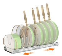 MUDEELA Pots and Pans Organiser, Rack for under Cabinet, Expandable Pot Lid Kitchen Cupboard Organiser Holder with 10 Adjustable Compartment, for Cutting Board, Cast-iron Pan, Heavy Cookware, Silver