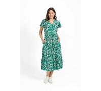 Mudflower Leaf Print Button-Up Elasticated Tie-Front Flared Midi Dress - Green - 12