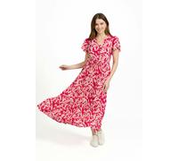 Mudflower Leaf Print Button-Up Elasticated Tie-Front Flared Midi Dress - Pink - 10