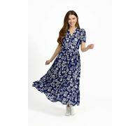 Mudflower Leaf Print Button-Up V-Neck Lurex Dress - Navy - 18