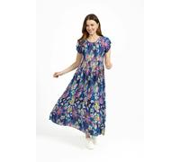 Mudflower Leaf Print Shirred Bodice Midi Dress - Teal - 18