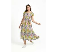 Mudflower Leaf Print Shirred Bodice Midi Dress - White - 18