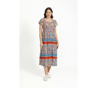 Mudflower Paisley Border Print Shirred Bodice Midi Dress - Orange - 12