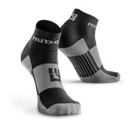 MudGear Quarter Crew Trail Socks, Blister-Resistant, Sweat-Resistant & Quick-Drying, Cushioned Footbed, Made in USA, 2-Pack, Black/Gray, Large