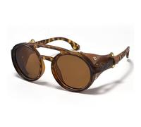 MUDIWRLO Polarized Round Steampunk Sunglasses with Leather Side Double Bridge Shield Retro Eyewear for Men Women, Tortoise, 52mm