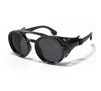 MUDIWRLO Polarized Round Steampunk Sunglasses with Leather Side Double Bridge Shield Retro Eyewear for Men Women, Black, 52mm