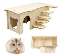 Mudoulu Hamster House Wooden Hideout, Small Pet Shelter with Platform Roof Side Entrance and Steps, Natural Wood Cage Accessory for Guinea Pigs Gerbils Dwarf Pets