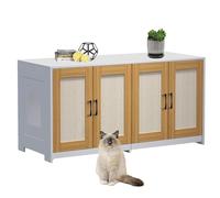 Mueble doble para caja de arena para 2 gatos - Armario de madera oculto con puertas de sisal y cajones deslizantes - Ideal como estación de TV - Fácil limpieza, almacenamiento extra - Color: blanco