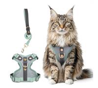 Muecleao Escape Proof Cat Harness and Leash Set, Premium Microfiber Leather Trim, Adjustable Reflective Vest Harness for Cats, Breathable No-Pull Kitten Harness with Soft Mesh (Light Grey + Green, L)