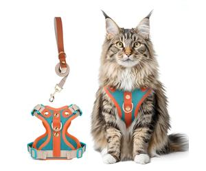 Muecleao Escape Proof Cat Harness and Leash Set, Premium Microfiber Leather Trim, Adjustable Reflective Vest Harness for Cats, Breathable No-Pull Kitten Harness with Soft Mesh (Lake Blue + Orange, L)