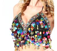 MUEEAD 1PCS Sequin Tassel Halter, Sequin Hanging Neck Top, Belly Dance Dancer Top, Women's Dance Costume for Rave Party, Latin Dance Performance Black
