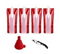 MUEEAD 4 Pieces Collapsible Wine Bags with 1 Wine Bottle Opener, 1 Funnel, Collapsible Liquid Leakproof Bottle Holder, Portable Plastic Wine Bottle Bag for Alcoholic Beverages (Red)