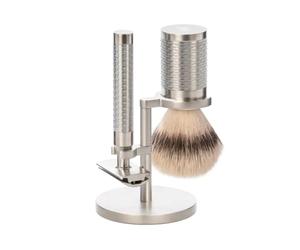 MÜHLE ROCCA 3-piece shaving set - safety razor, shaving brush with silvertip fibre, stand - stainless steel handles