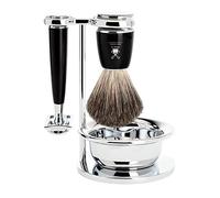 MÜHLE Rytmo 4-pc. Shaving Set with Safety Razor, Resin Handle in black | Wet Shaving Set, Safety Razor Closed Comb, Shaving Brush Pure Badger, Holder, Bowl, for beard and face