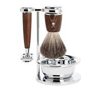 MÜHLE Rytmo 4-pc. Shaving Set with Safety Razor, Steamed Ash Wood Handle | Wet Shaving Set, Safety Razor Closed Comb, Shaving Brush Pure Badger, Holder, Bowl, for beard and face