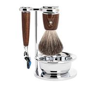 MÜHLE Rytmo 4-pc. Shaving Set with System Razor, dark Ash Wood Handle | Wet Shaving Set compatible with Gillette Fusion blades, Shaving Brush Pure Badger, Holder, Bowl, for beard and face