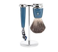 MÜHLE Rytmo Shaving Set - razor compatible with Gillette blades, shaving brush made from pure badger hair, holder, petrol-coloured premium resin handle