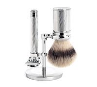 MÜHLE Traditional Shaving Set - handcrafted shaving brush with silvertip fibre, safety razor with closed comb, stand - vegan