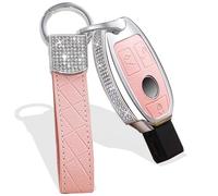 MUEKZRU Key Fob Cover Key Cover Key Chain Bling Crystal Leather Key Fob Sleeve Chain Compatible for Mercedes Benz A B C E S G M V Class CLA CLS GLA GLC GLE GLK GL GLS SL SLK SLC (Version B - Pink)