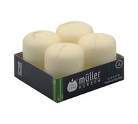 Müller Ivory Small Pillar Candles - Set of 4 - Unscented - 4,8 x 6,2 Cm - 10 Hours Long Burning Decorative Candles - Dripless Wax - Smokeless Wick - RAL Quality - Made in Germany