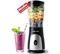 Mueller Smoothie Blender for Smoothies - Personal Blender for Shakes, Frozen Drinks, Baby Food & More, 15oz Travel Cup and Lid, Durable Stainless Steel Blades for Powerful Blending Performance, Black