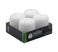 Müller White Small Pillar Candles - Set of 4 - Unscented - 4,8 x 6,2 Cm - 10 Hours Long Burning Decorative Candles - Dripless Wax - Smokeless Wick - RAL Quality - Made in Germany