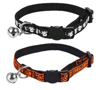 MUELODSIC 2pc Cat Collar Pets Neck Strap with Large Silver Iron Bell, Firm and Convenient Cloth Material, Assorted Color Design for Halloween Decoration and Everyday Use