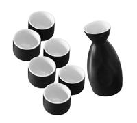 MUELODSIC Japanese Ceramic Sake Set Traditional Tokkuri Saki Bottle with 6 Round Cups Black Matte Interior White Porcelain Rice Wine Drinkware in Eco-friendly Box for Hot and Cold Sake Serving
