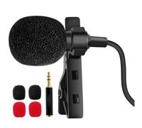 MUELODSIC Lavalier Clip-on Omnidirectional Mini Microphone with 3.5mm Jack, Black Lapel Mic for Mobile Phone and Pc Recording, Includes 2 Black and 2 Red Foam Windscreens, for Interviews and Vlogging