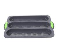 MUELODSIC Non-Stick Silicone Baking Pan with Three Slots for Loaf Bread and French Bread Flexible Professional Mold for Easy Release Heat-Resistant Accessory in Grey with Green Handles