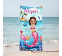 Muewent Personalized Beach Towel with Name & Face Photo, Pink Mermaid Princess Design for Girls Teens, Custom Soft Towel for Beach Pool Travel