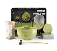 Muexoee 7 Pcs Matcha Set,Matcha Tea for Making Breakfast/Latte,Whisk Set and Bowl with All Accessories，Authentic Tea Ceremony，Blunt-Nosed Threaded Green Bowl,Bamboo Stirrer