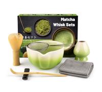 Muexoee 7 Pcs Matcha Set,Matcha Tea for Making Breakfast/Latte,Whisk Set and Bowl with All Accessories，Authentic Tea Ceremony，Gradient Green Bowl, Stirrer Yellow