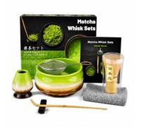Muexoee 7 Pcs Matcha Set,Matcha Tea for Making Breakfast/Latte,Whisk Set and Bowl with All Accessories，Authentic Tea Ceremony，Kiln-Changed Green Bowl,Bamboo Stirrer