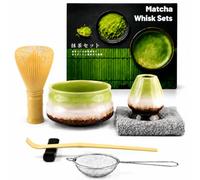 Muexoee 7 Pcs Matcha Set,Matcha Tea for Making Breakfast/Latte,Whisk Set and Bowl with All Accessories，Authentic Tea Ceremony，Kiln-Changed Green Bowl, Stirrer Yellow