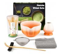 Muexoee 7 Pcs Matcha Set,Matcha Tea for Making Breakfast/Latte,Whisk Set and Bowl with All Accessories，Authentic Tea Ceremony，Gradient Orange Bowl,Bamboo Stirrer